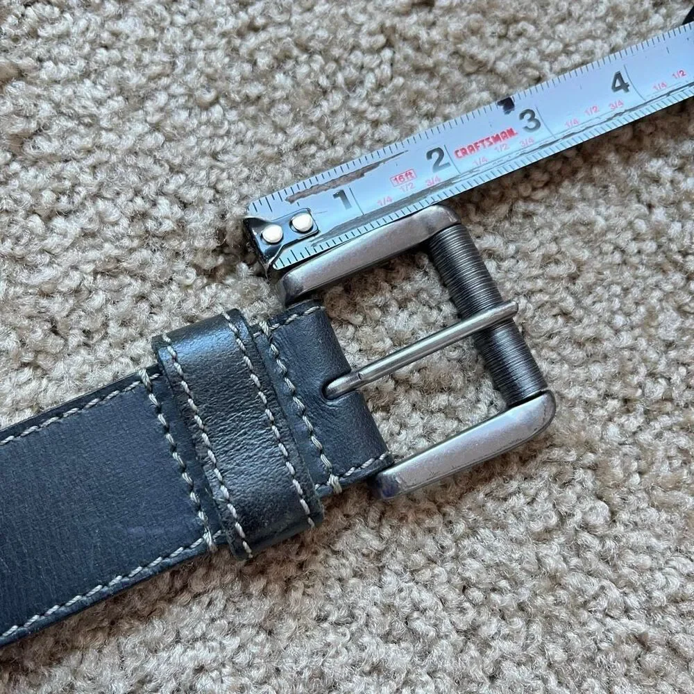 Black Leather Belt Sz 40 Contrast Stitch Silver Roller Buckle Y2K